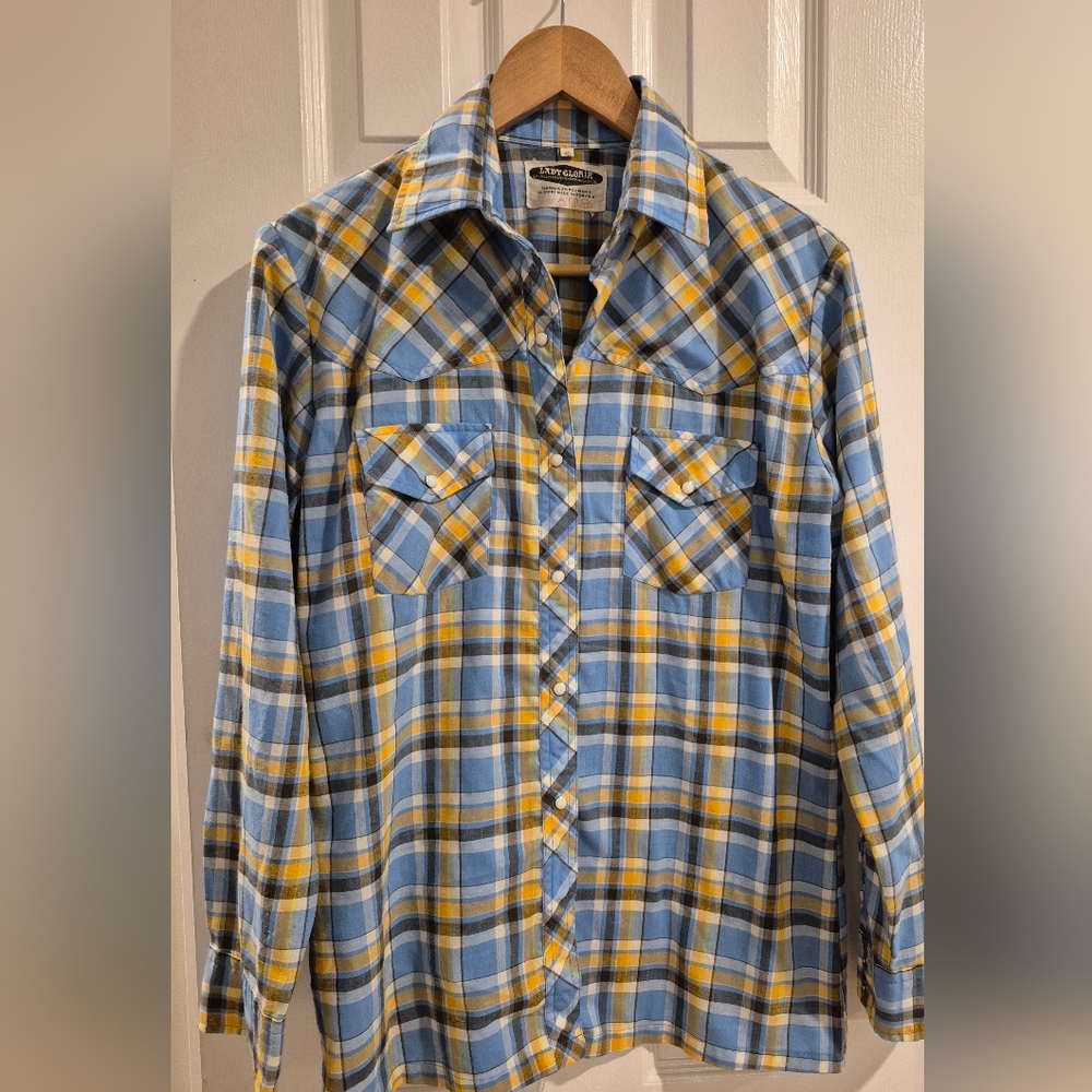 Vintage Blue and Yellow Button Down Shirt Western Style